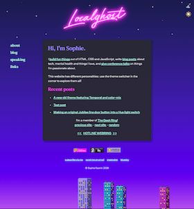 A screenshot of the nighttime version of this layout, with pixel art skyscrapers at the bottom. There are pixel art stars in the header and the theme is now dark mode. The background is a dark blue to light blue to purple gradient