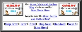 A webring plaque for Calvin and Hobbes-themed sites, with links to previous, next and random sites in the ring, and links to the index page.