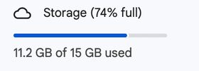 A screenshot from Google Drive with a cloud icon next to text that says 'Storage 74% full', a graphical meter that is approx 74% full, then underneath the text '11.2 GB of 15 GB used'.