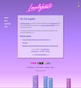 A screenshot of the daytime version of this layout, with pixel art skyscrapers at the bottom. The background is a purple to pink gradient