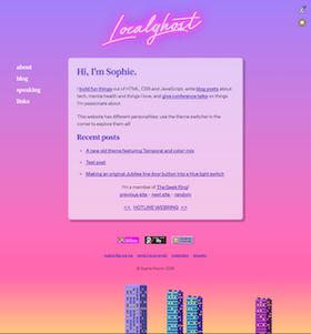 A screenshot of the sunset version of this layout, with pixel art skyscrapers at the bottom. The background is a purple to pink to orange gradient