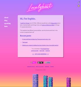 A screenshot of the sunset version of this layout, with pixel art skyscrapers at the bottom. The background is a purple to pink to orange gradient
