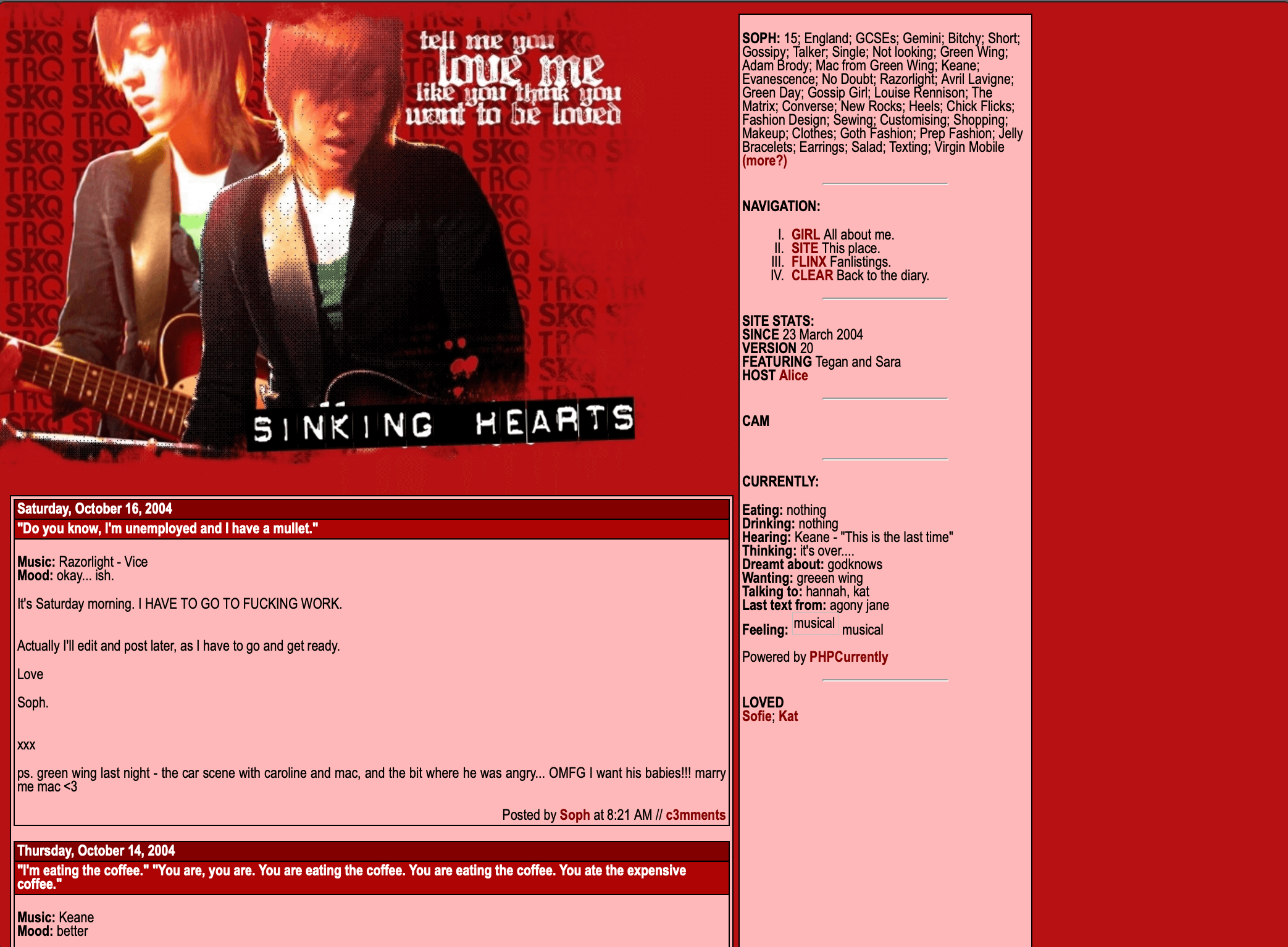 A screenshot of a full page site with a grungy graphic of Tegan and Sara in the top left with lyrics from 'I Bet It Stung', and lots of very small text in both the sidebar on the right and the content underneath the header image.