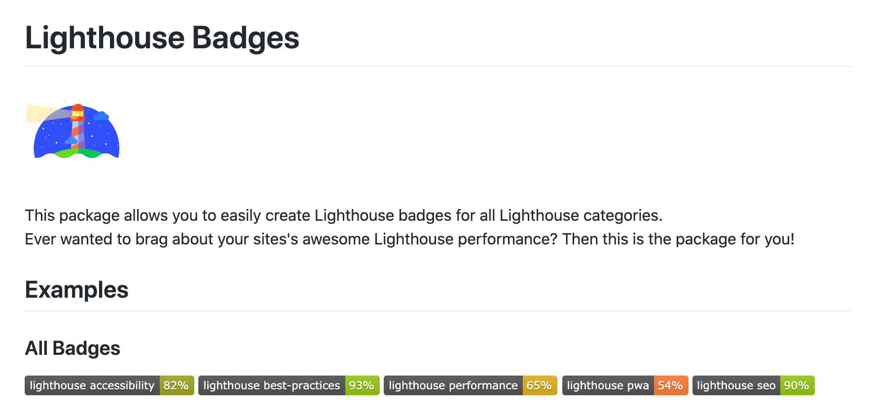 A screenshot of a github repo that offers Lighthouse badges for your repository or website so you can brag about your site's awesome Lighthouse performance