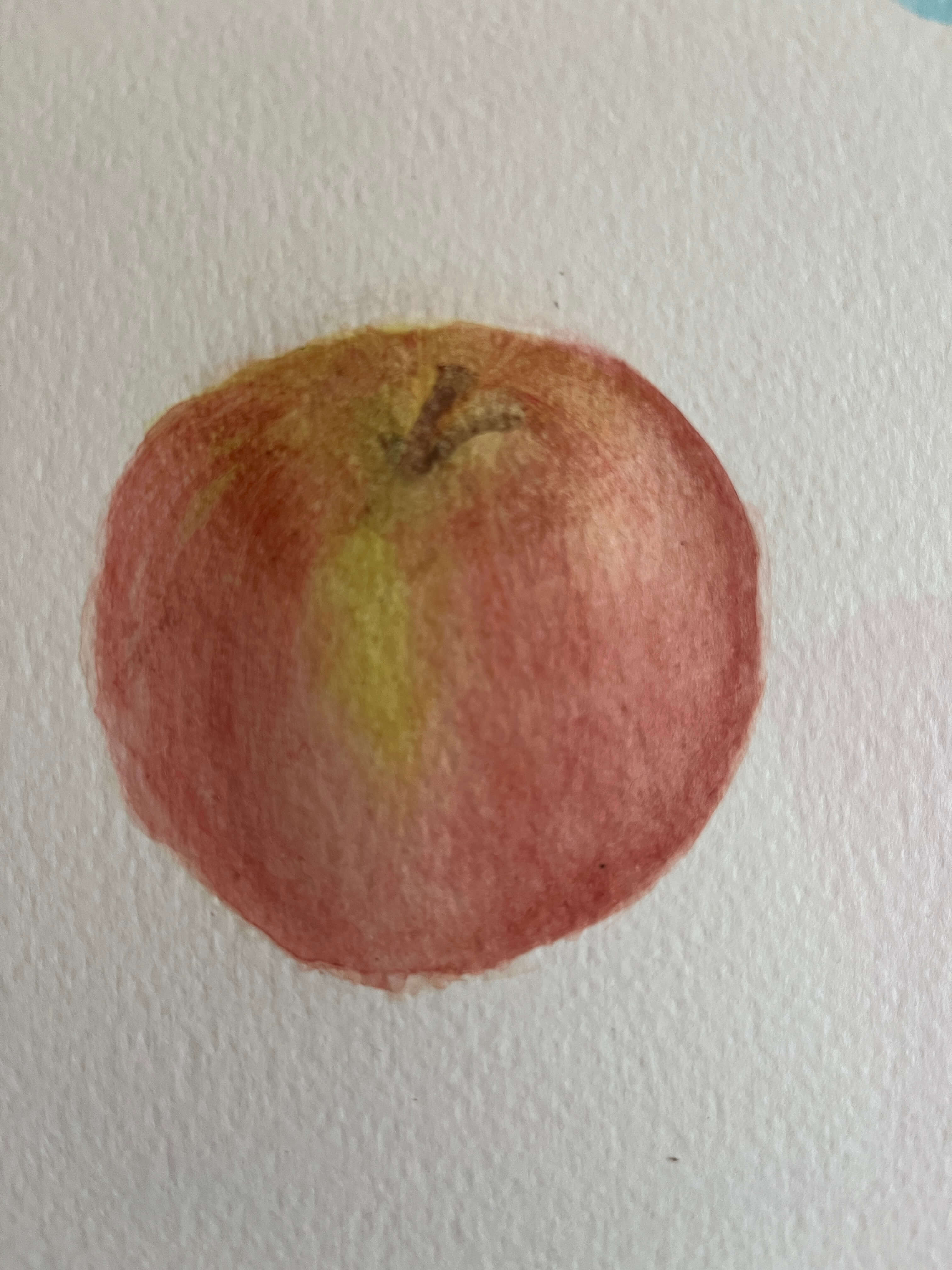 A rough watercolour painting of a red apple which has green bits at the top.