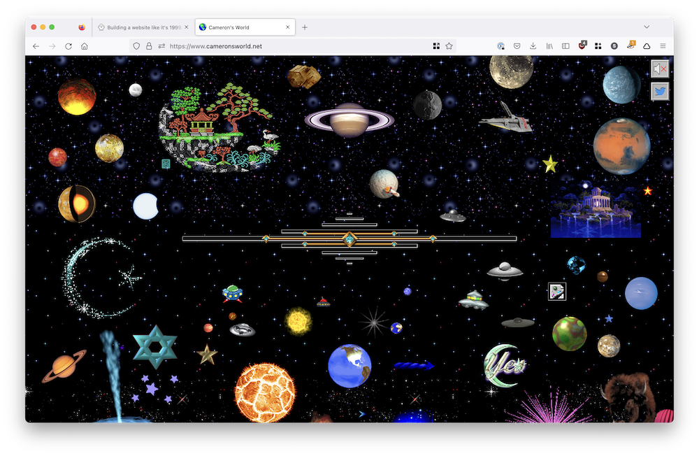 A screenshot of cameronsworld.net featuring many space-themed GIFs