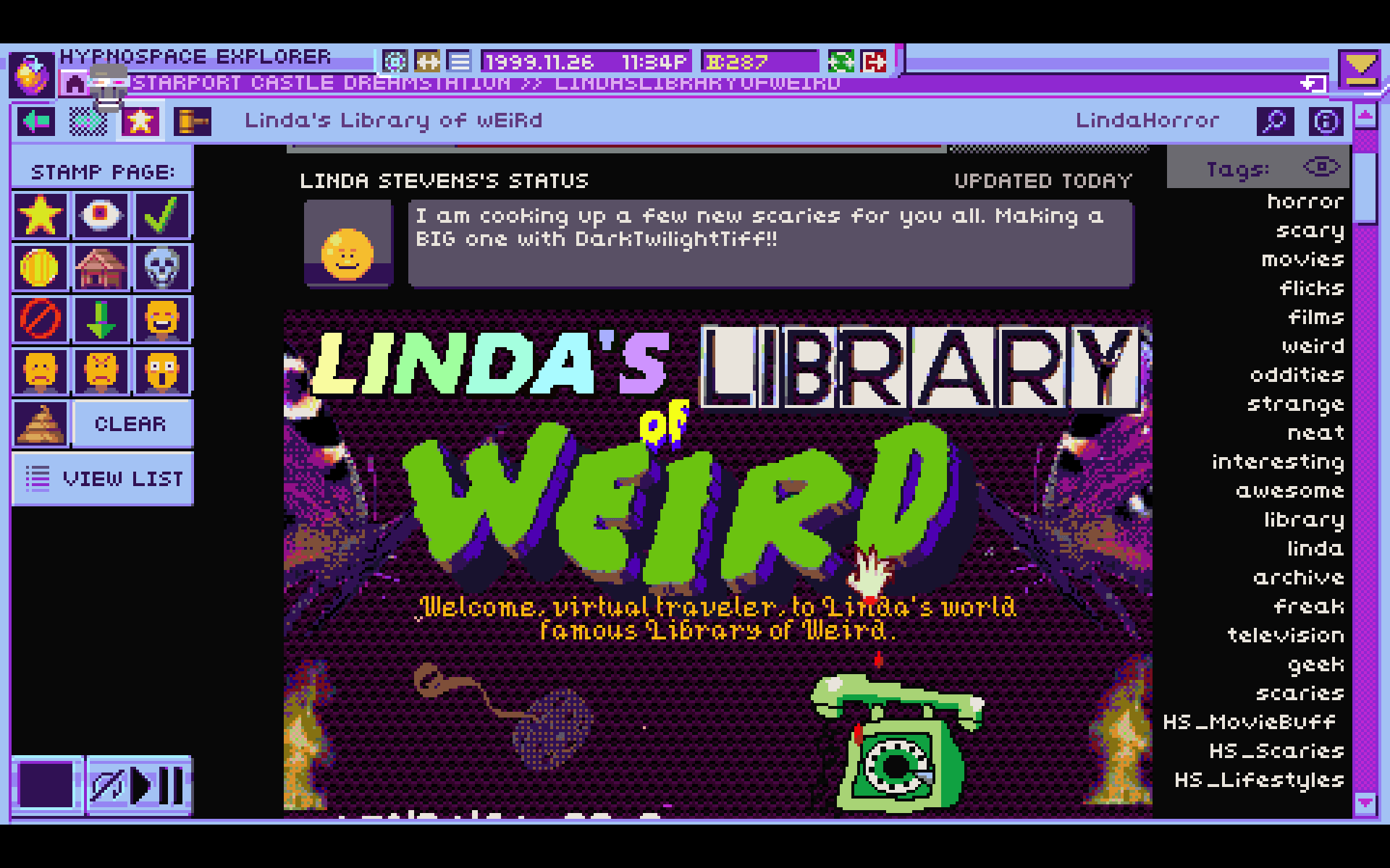 A screenshot from the video game Hypnospace Outlaw, with a website called 'Linda's Library of Weird'.