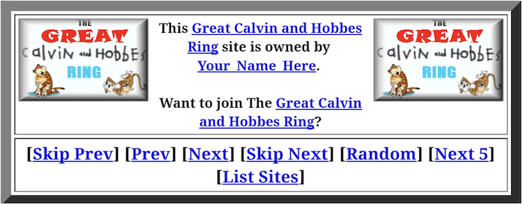 A webring plaque for Calvin and Hobbes-themed sites, with links to previous, next and random sites in the ring, and links to the index page.