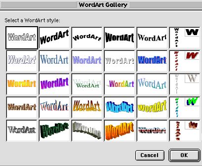 MS WordArt selection gallery