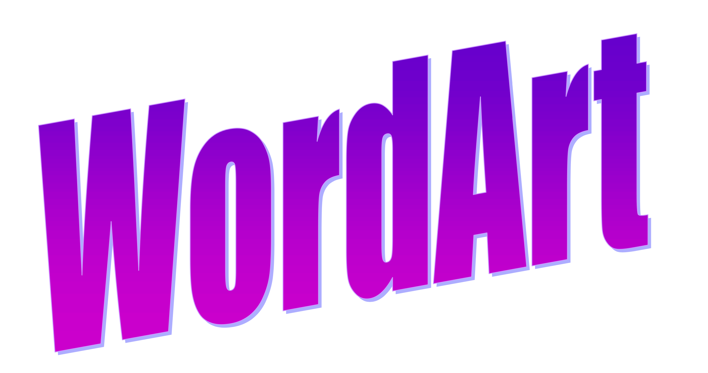 The word 'wordart' in Impact font, skewed to point up and to the right, filled in with a purple gradient and a light purple drop shadow