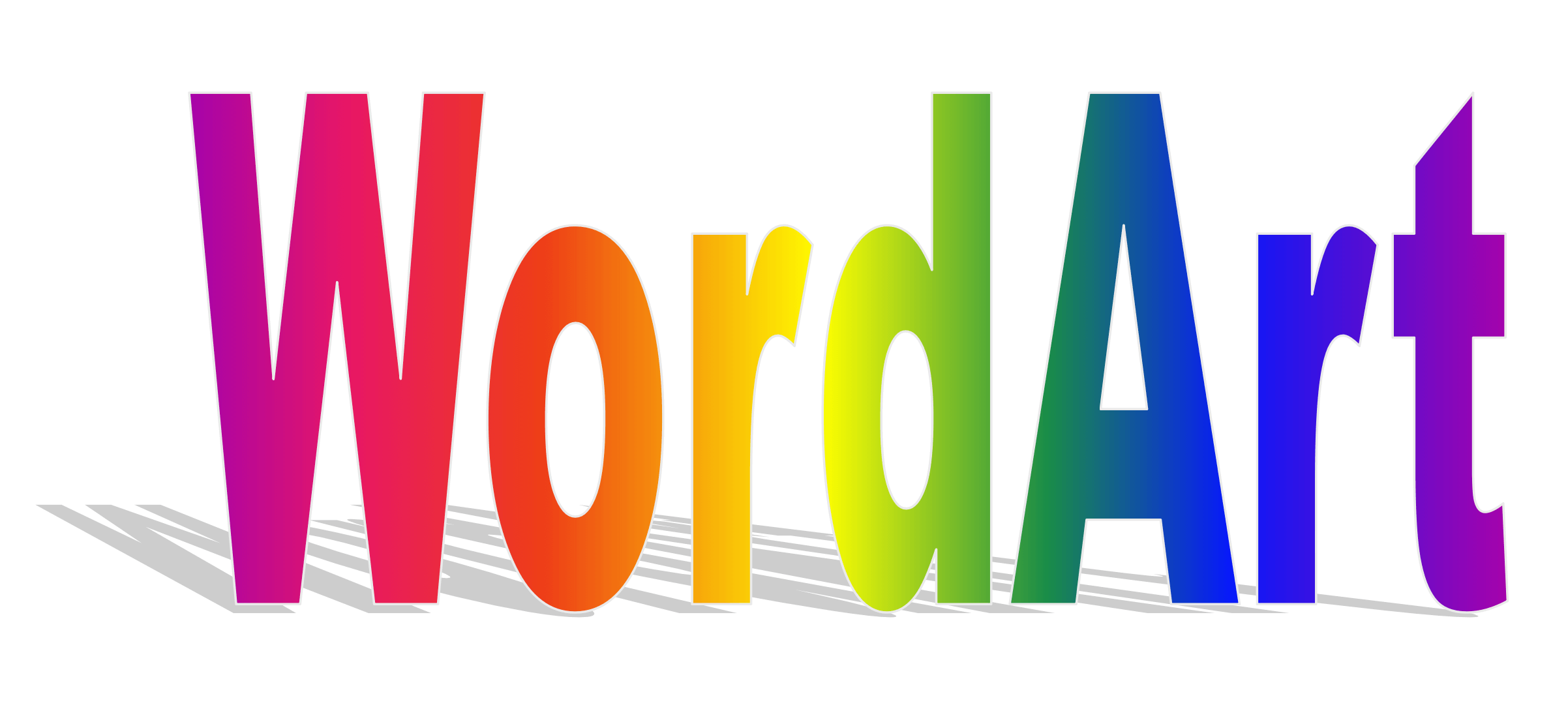MS Wordart screenshot, the word 'WordArt' written in rainbow gradient text with a grey 3D shadow.