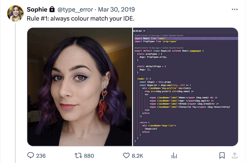 A tweet from @type__error that says 'Rule #1: Always colour match your IDE', with two pictures side by side: me with purple hair and eye makeup, and some HTML in an IDE with purple background and pastel coloured code.