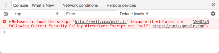 Console error: Refused to load the script 'http://evil.example.com/evil.js' because it violates the following Content Security Policy directive: script-src 'self' https://apis.google.com