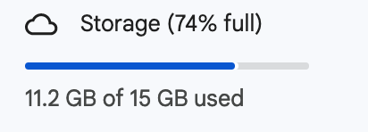 A screenshot from Google Drive with a cloud icon next to text that says 'Storage 74% full', a graphical meter that is approx 74% full, then underneath the text '11.2 GB of 15 GB used'.