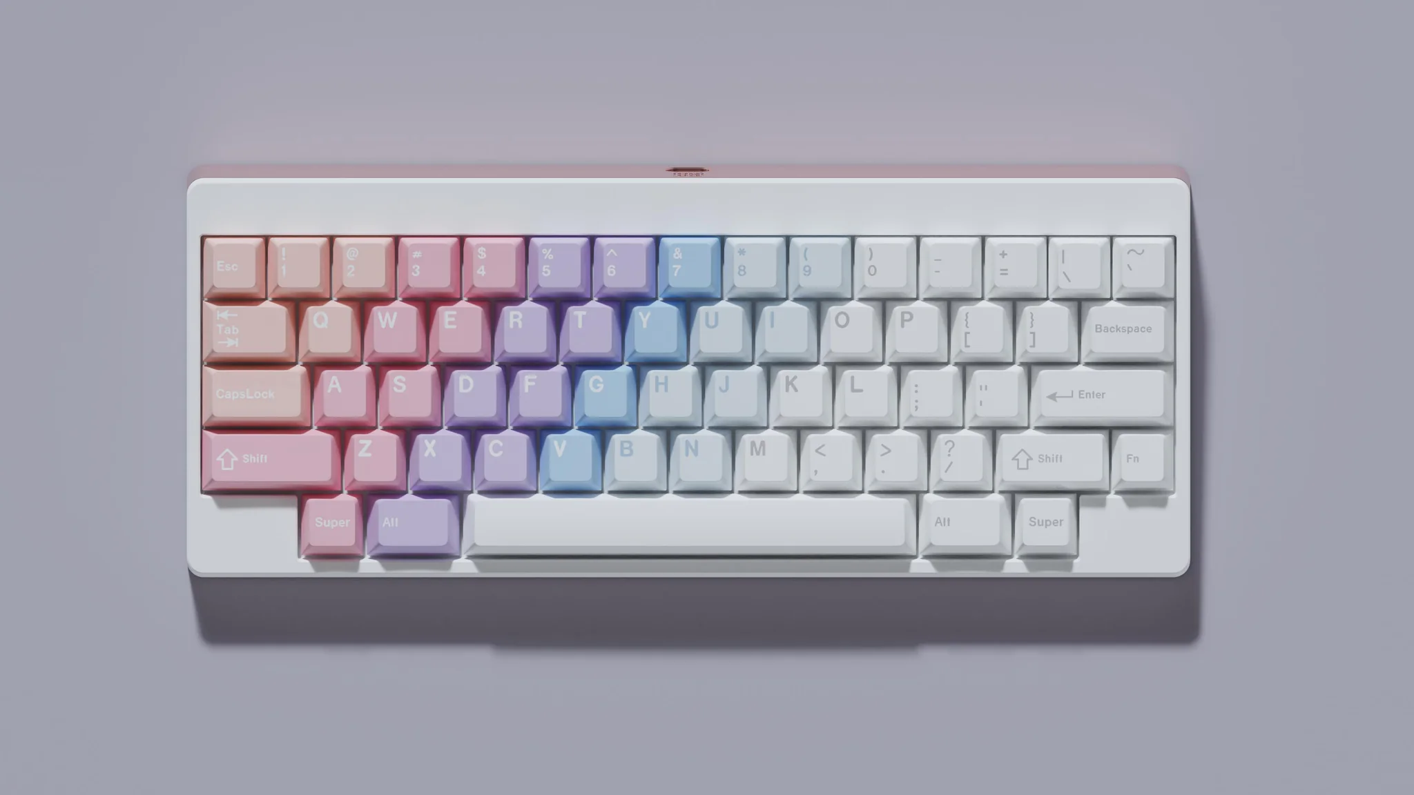 TA top-down view of a mechanical keyboard with ANSI layout. Its keycaps form a sort of gradient, colours in stripes going diagonally left to right from peach to pink to purple to blue to white.