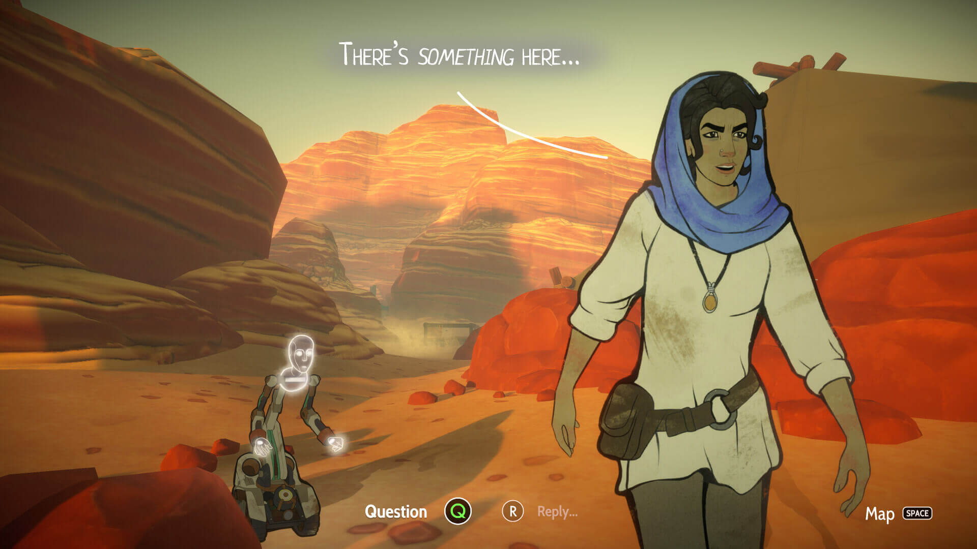 The protagonist from Heaven's vault is a woman in a hijab with a nose piercing and a brown skin tone, She is walking through a desert surrounded by rocky cliffs, followed by a robot companion. She's saying 'there's something here...