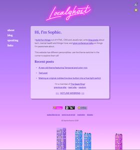 A screenshot of the daytime version of this layout, with pixel art skyscrapers at the bottom. The background is a purple to pink gradient