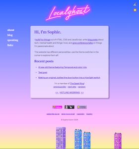 A screenshot of the sunrise version of this layout, with pixel art skyscrapers at the bottom. The background is a blue to pink to light orange gradient