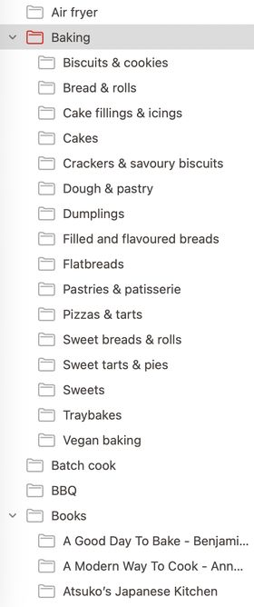 A screenshot of some of the categories I've created in Paprika, laid out as a folder tree. There's Air Fryer, Baking, which has subcategories: Biscuits & cookies, Bread & rolls, Cake fillings & icings, Cakes, Crackers & savoury biscuits, Dough & pastry, Dumplings, Filled and flavoured breads, Flatbreads, Pastries & patisserie, Pizzas & tarts, Sweet breads & rolls, Sweet tarts & pies, Sweets, Traybakes, Vegan baking; Batch cook, BBQ, Books, which is cut off but you can see the first few - A Good Day To Bake, A Modern Way to Cook, Atsuko's Japanese Kitchen