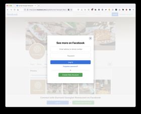 A screenshot of a Georgian restaurant on Facebook. There is a translucent overlay on the screen preventing any interaction with the page, with a modal that says "Sign in to Facebook".