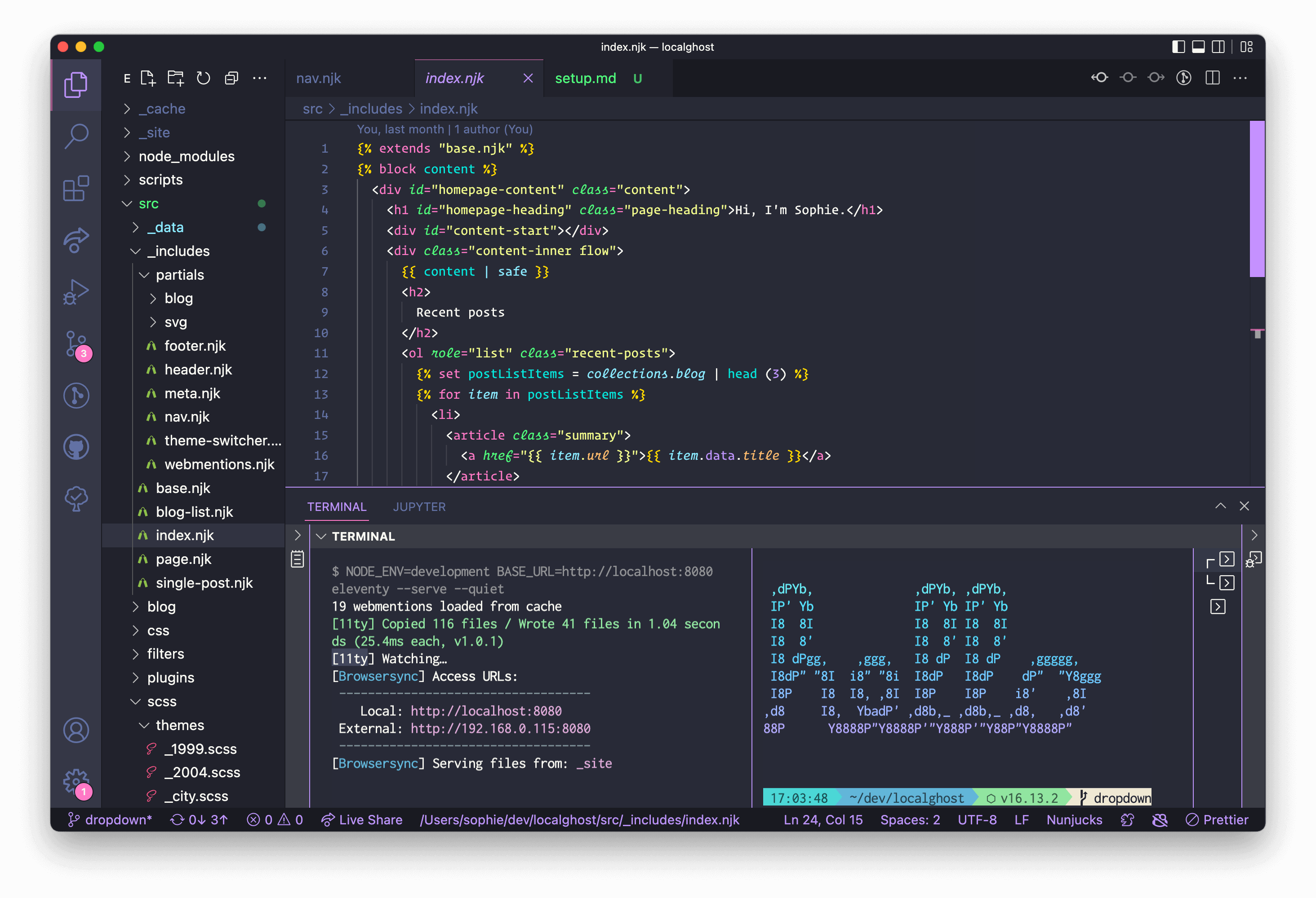 A VSCode window with the source code for this website. I have two embeded terminals open at the bottom; the left-hand one has the Eleventy compiler running, and the right-hand one is just a command prompt with "hello" written in cursive out of ASCII chars. The background colour is navy blue, with pastel-coloured variables and keywords.